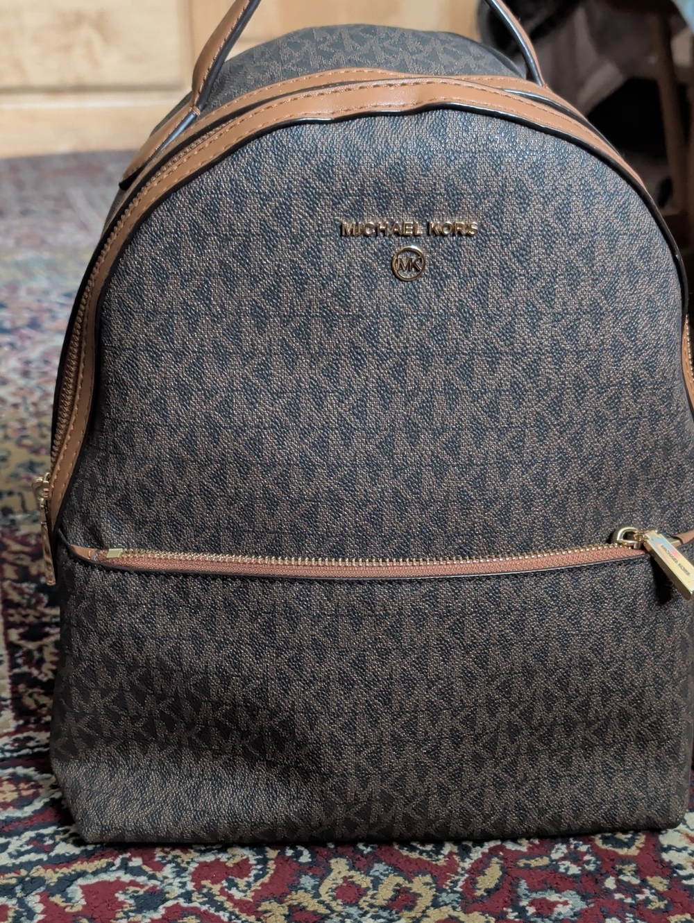 Michael Kors Brown Monogram Backpack with Tan Trim